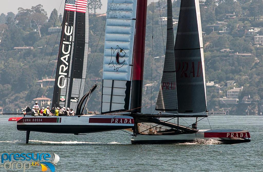 Luna Rossa with Oracle Team USA17 astern - San Francisco, May 23, 2013 photo copyright Erik Simonson/ pressure-drop.us http://www.pressure-drop.us taken at  and featuring the  class