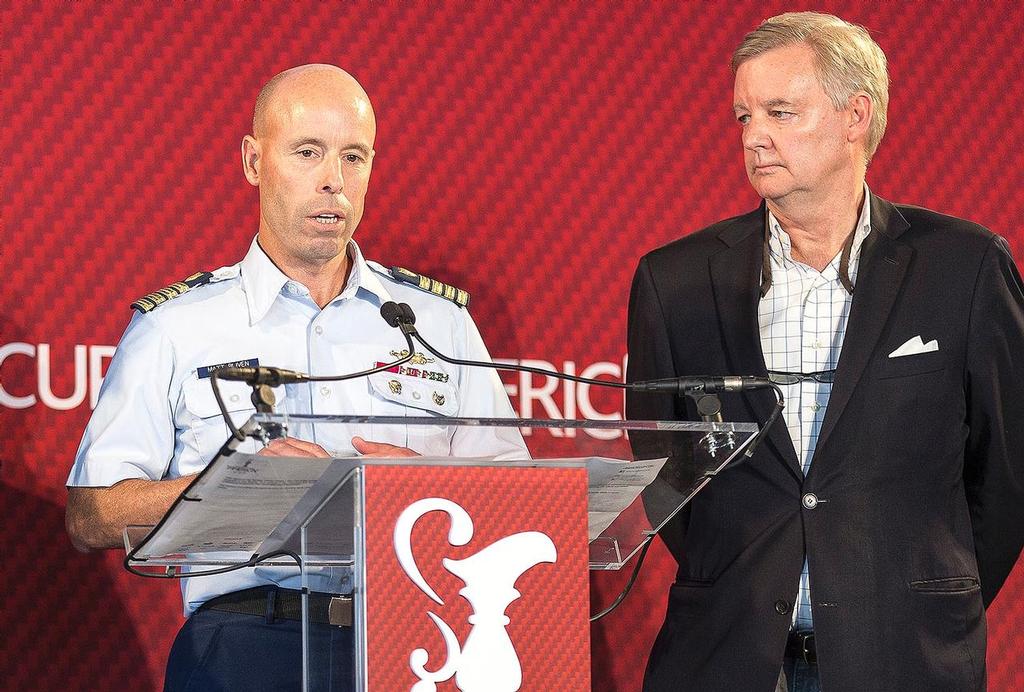America’s Cup Press Conference - Captain Matt Bliven (US Coast Guard) (left) - Golden Gate Yacht Club Vice Commodore Tom Ehman photo copyright Guilain Grenier Oracle Team USA http://www.oracleteamusamedia.com/ taken at  and featuring the  class