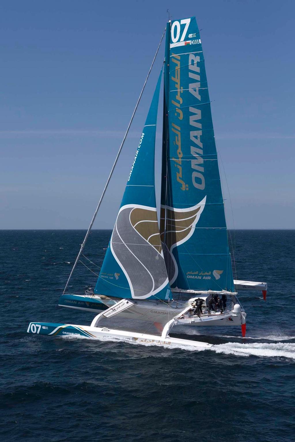 The Oman Air MOD70. Skippered by Sidney Gavignet  (FRA) with team mates Thomas LeBreton (FRA), Fahad Al Hasni (OMA), Neal McDonald (GBR),Damian Foxall (IRL), Mohsin Al Busaidi (OMA), Ahmed Al Hassani (OMA) and Giles Favennec (FRA) © Jean-Marie Liot