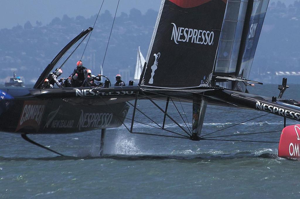 A close look at the under-body reinforcement and support structure - 2013 Louis Vuitton Cup, Round Robin 1, Race 1 © Chuck Lantz http://www.ChuckLantz.com