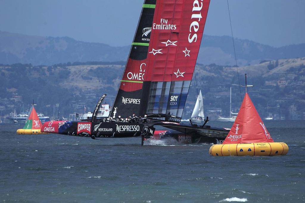 ETNZ passing two of the new mid-course marks, which were manned until the new safety rule changes - 2013 Louis Vuitton Cup, Round Robin 1, Race 1 © Chuck Lantz http://www.ChuckLantz.com