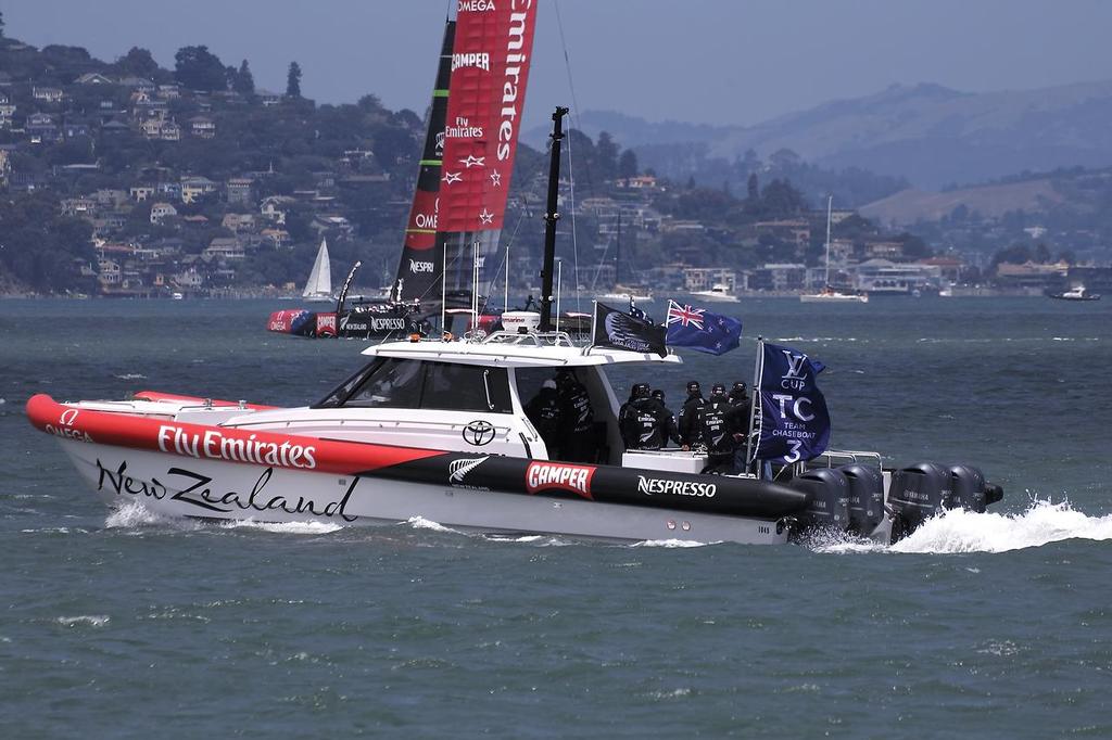 ETNZ support boat, with four outboards providing 1,200 horsepower to keep-up with the AC72 - 2013 Louis Vuitton Cup, Round Robin 1, Race 1 © Chuck Lantz http://www.ChuckLantz.com