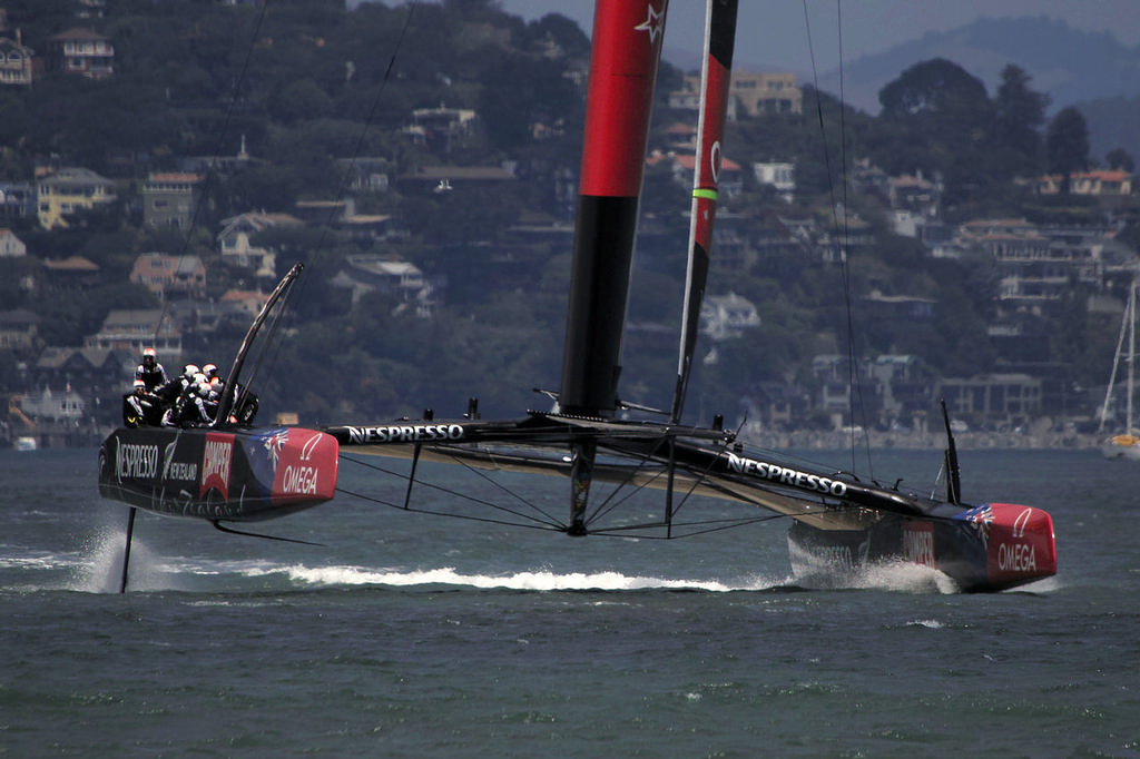 ETNZ begins the first of two laps of the AC course with Sausalito in the background - America’s Cup 2013 - LVC race 1 © Chuck Lantz http://www.ChuckLantz.com