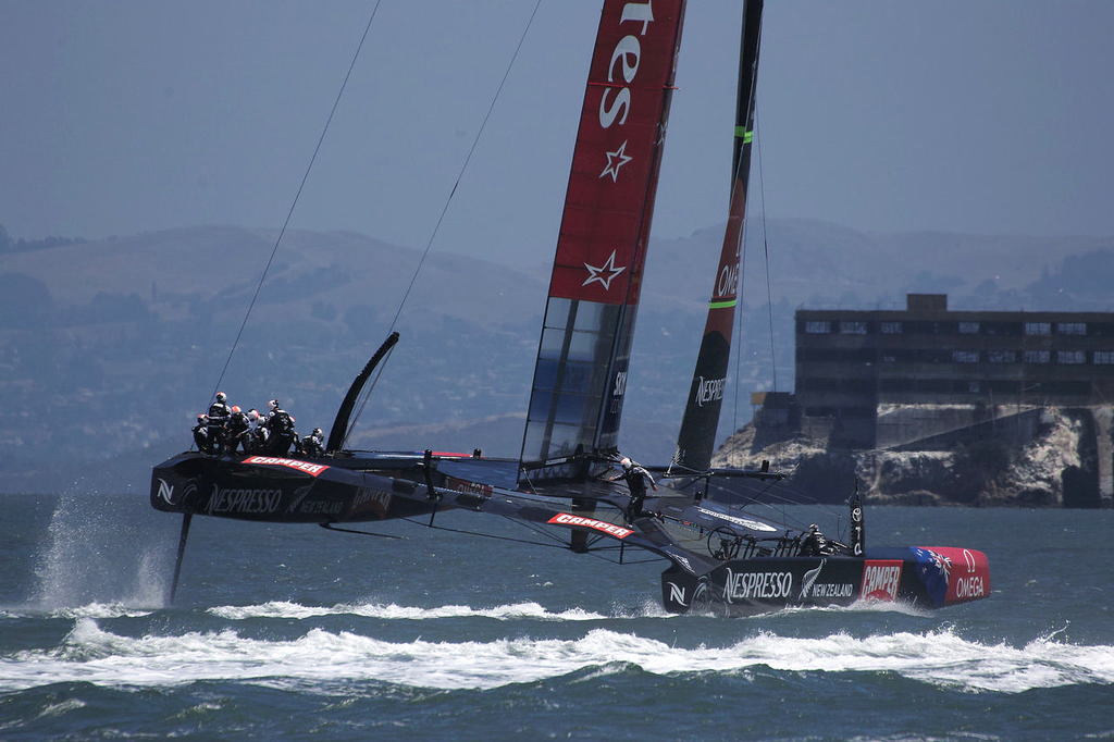 ETNZ races downwind with Alcatraz in thr background - America’s Cup 2013 - LVC race 1 © Chuck Lantz http://www.ChuckLantz.com