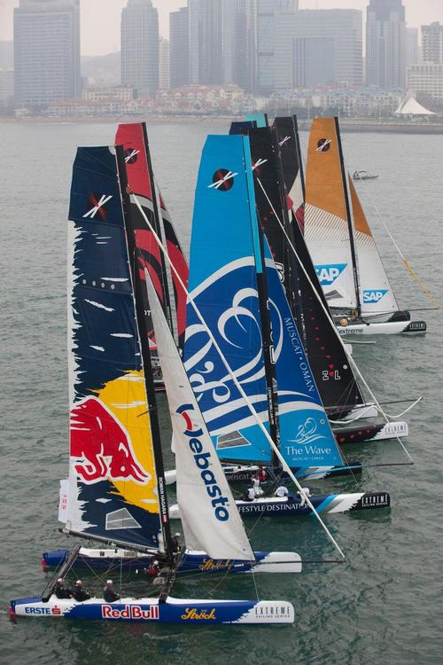 Extreme-40 lined up on the start line for the final race of Act 2, Qingdao 2012. © Lloyd Images http://lloydimagesgallery.photoshelter.com/