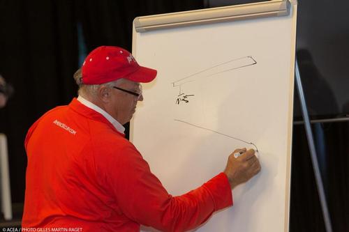 Iain Murray gives design lesson at the press conference about safety © ACEA - Photo Gilles Martin-Raget http://photo.americascup.com/
