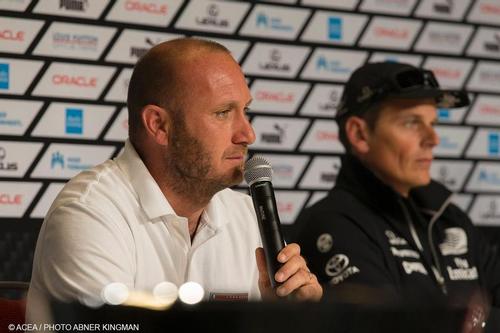 Max Sirena (Luna Rossa) flanked by Emirates Team NZ’s Dean Barker - 34th America’s Cup - Press Conference with Skippers © Americas Cup Media www.americascup.com