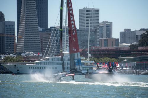 Emirates Team New Zealand sail the course in race two against Artemis Racing who are not able to race yet. Louis Vuitton Cup 2013.  © Chris Cameron/ETNZ http://www.chriscameron.co.nz