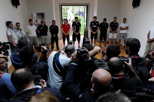 More than 50 different photographers  and media have an opportunity to photograph the team skippers at the Casina Pompeiana Villa Comunale  -  America’s Cup WS, Naples Media Conference April 16, 2013   ©  SW