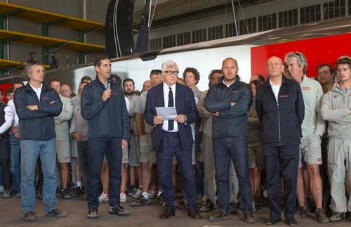 Patrizio Bertelli (centre) stands with his team at the Luna Rossa Press Conference in Alameda-San Francisco on May 18, when he confirmed his stance that the America’s cup must be conducted under the rules on which Luna Rossa entered.<br />
 © Carlo Borlenghi/Luna Rossa http://www.lunarossachallenge.com
