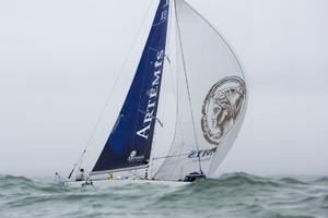 Artemis Offshore Academy graduate Henry Bomby raced his own Figaro 19, Zhik-Made for water, for the first time competing in the 305nm Solo Arrimer. Henry finished the race 18th overall, just ahead of fellow graduate Nick Cherry. photo copyright Guillaume Grange Audialog taken at  and featuring the  class