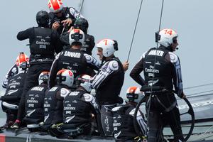 Emirates Team New Zealand prepares for the first race of the Louis Vuitton Cup.  7/7/2013 photo copyright Chris Cameron/ETNZ http://www.chriscameron.co.nz taken at  and featuring the  class