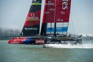 Emirates Team New Zealand starts race two against Artemis Racing who are not able to race yet. Louis Vuitton Cup 2013. 9/7/2013 photo copyright Chris Cameron/ETNZ http://www.chriscameron.co.nz taken at  and featuring the  class