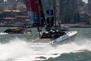 Umpire 2 follows Emirates Team New Zealand around the course in race two against Artemis Racing who are not able to race yet. Louis Vuitton Cup 2013. 9/7/2013 photo copyright Chris Cameron/ETNZ http://www.chriscameron.co.nz taken at  and featuring the  class