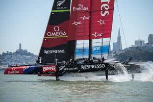 Emirates Team New Zealand sail the course in race two against Artemis Racing who are not able to race yet. Louis Vuitton Cup 2013. 9/7/2013 photo copyright Chris Cameron/ETNZ http://www.chriscameron.co.nz taken at  and featuring the  class