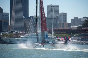 Emirates Team New Zealand sail the course in race two against Artemis Racing who are not able to race yet. Louis Vuitton Cup 2013. 9/7/2013 photo copyright Chris Cameron/ETNZ http://www.chriscameron.co.nz taken at  and featuring the  class