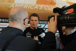 Skipper of the Emirates Team New Zealand, Dean Barker, is interviewed by media  - America’s Cup WS, Naples Media Conference April 16, 2013 photo copyright  SW taken at  and featuring the  class