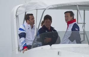 British Prime Minister David Cameron (right)  with Ben Ainslie, and Andrew Simpson (centre)  at the Weymouth and Portland Sailing Academy, in The London 2012 Olympic Sailing Competition. photo copyright onEdition http://www.onEdition.com taken at  and featuring the  class