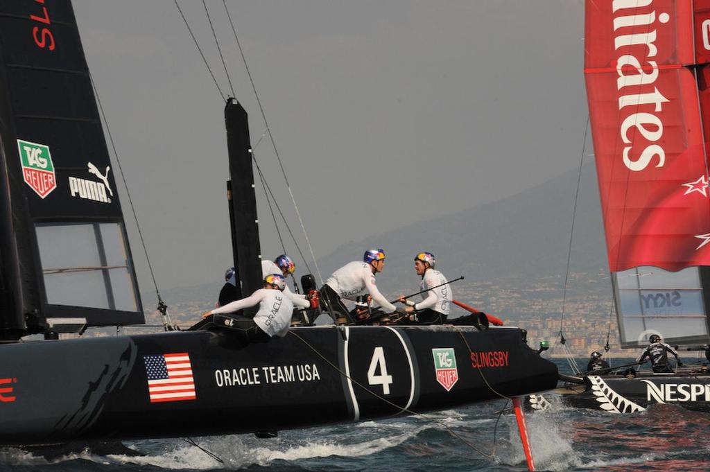 Oracle Team USA Slingsby is holding steady and going for the position of first place for the day in Naples Italy for the ACWS April 19, 2013. ©  SW