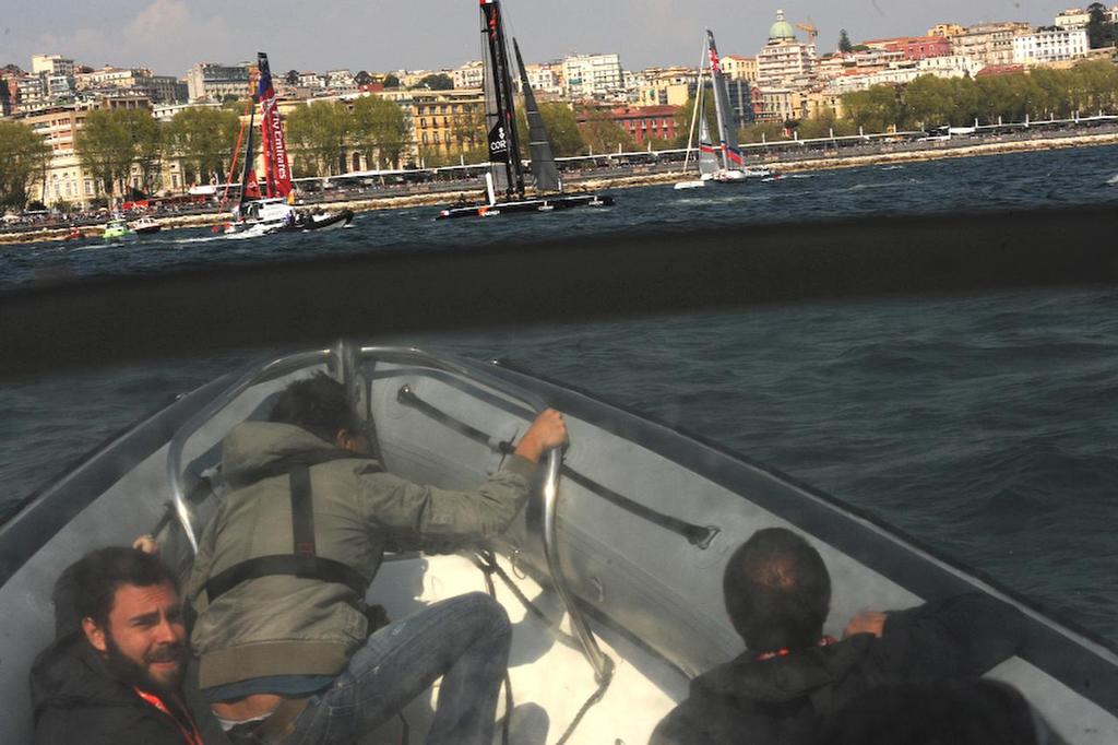 Photographers on board stopped shooting when  the media RIB was at running speed on the Bay of Napoli in Italy on April 19, 2013 at the ACWS racing. ©  SW