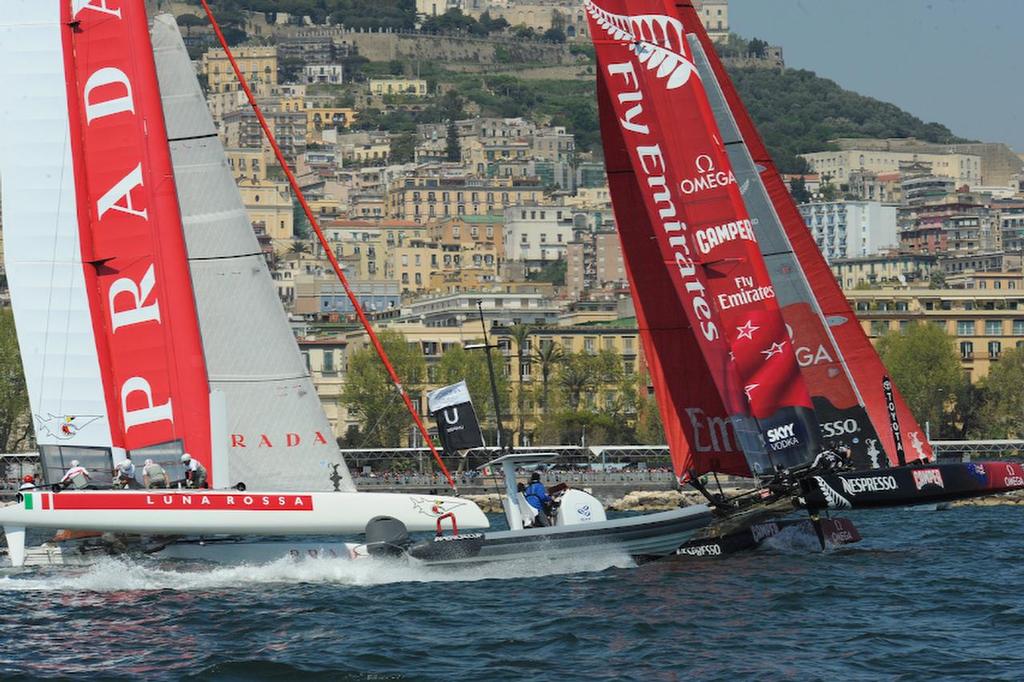 Luna Rossa Swordfish, skippered by Francesco Bruni, wins the first Match Race of the day. Shown here passing through the leeward gate at the ACWS  in Naples Italy.  ©  SW