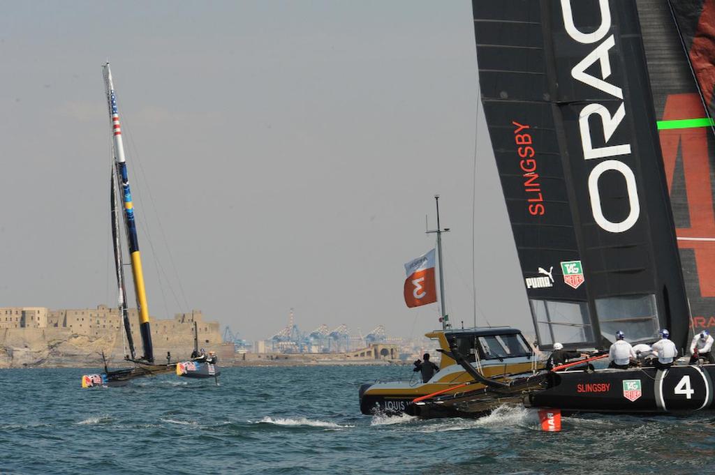 Oracle Team USA Slingsby wins the second Match Race of the day against HS Racing in Naples Italy at the ACWS on April 19, 2013.  ©  SW