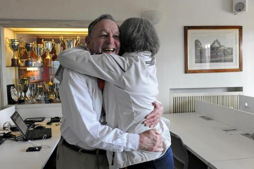 Jane Powys, Accreditation Manager for the Media Center here in Naples Italy, wishes HAPPY BIRTHDAY to Bob Fisher - April 20, 2013, America’s Cup World Series, Naples, Italy. ©  SW