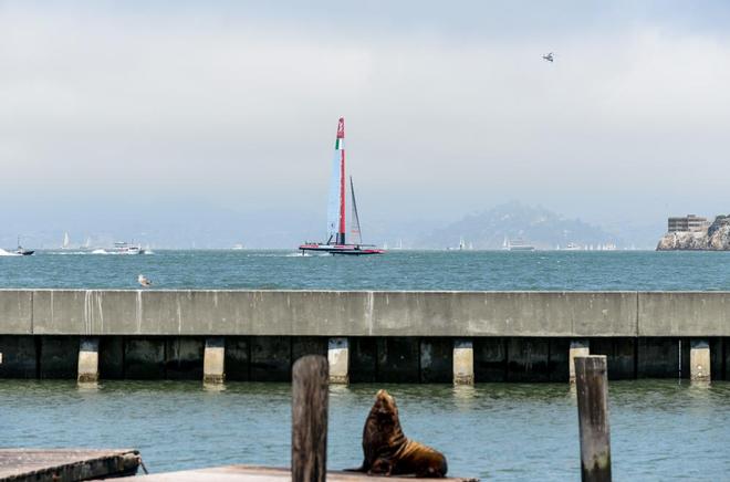 A view of the racing from Pier 39 with Luna Rossa skippered by Massimiliano Sirena (ITA) racing out on the America’s Cup race course. © Paul Todd/Outside Images http://www.outsideimages.com
