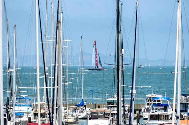 A view of the racing from Pier 39 with Luna Rossa skippered by Massimiliano Sirena (ITA) racing out on the America’s Cup race course. © Paul Todd/Outside Images http://www.outsideimages.com