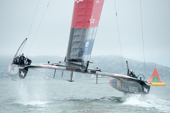 Emirates Team New Zealand NZL5 with Glenn Ashby driving entering the start box for the Round Robin 4, Artemis race. Louis Vuitton Cup. San Francisco.  © Chris Cameron/ETNZ http://www.chriscameron.co.nz