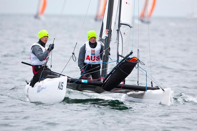 Australia’s Paul Darmanin (helm) and Lucy Copeland (crew) in the SL16 catamaran class at the 2012 ISAF Youth World Sailing Championships ©  David Branigan / ISAF http://www.sailing.org