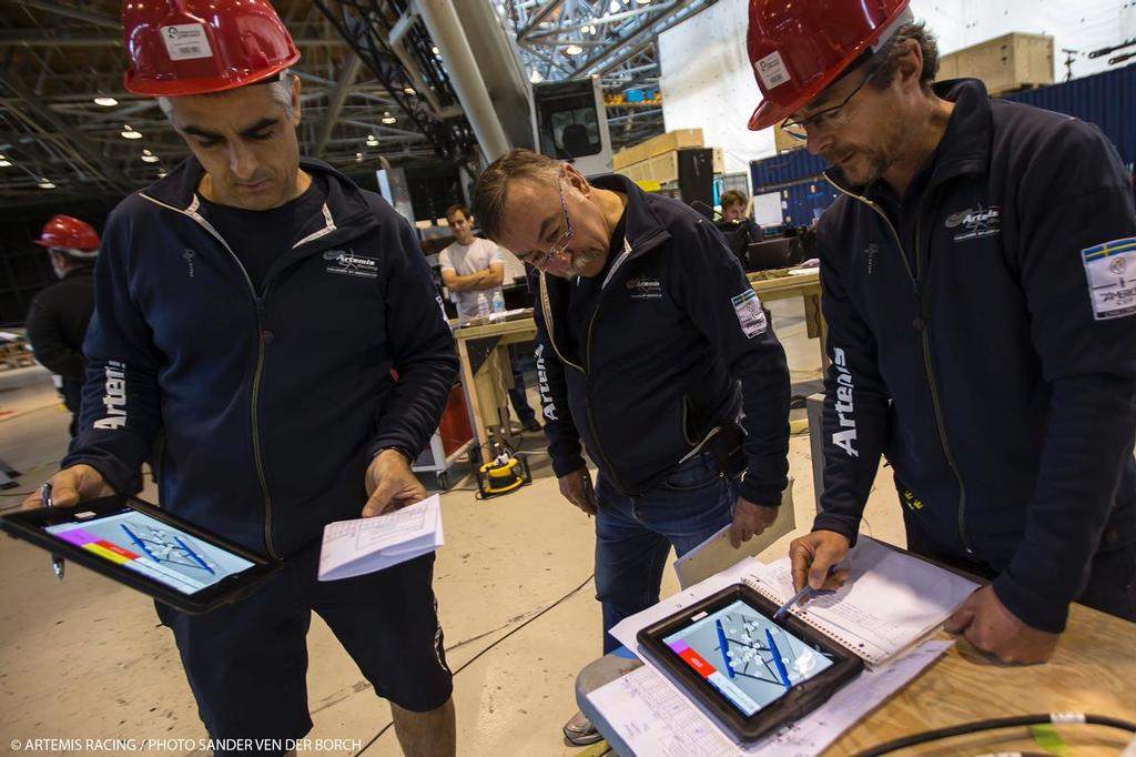 Load testing the structure of Artemis. 12th of July, 2013, Artemis Racing in Alameda. photo copyright Sander van der Borch / Artemis Racing http://www.sandervanderborch.com taken at  and featuring the  class