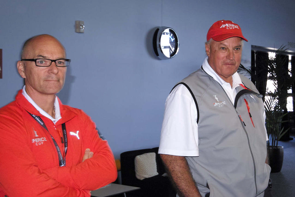 Stephen Barclay (red) alongside Regatta Director Iain Murray - at this morning’s America’s Cup media Conference © Chuck Lantz http://www.ChuckLantz.com