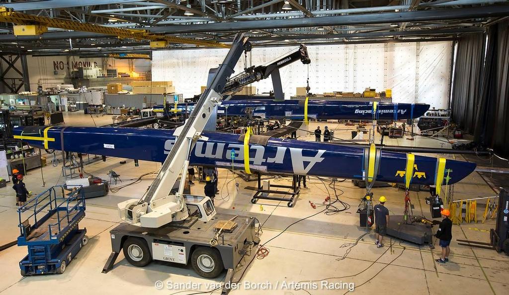 Artemis Racing undergoes stress testing. In the photo the team is simulating a single bow-down pitchpole. The port bow deflecs with the weights pulling on it compared to the starboard one. © Sander van der Borch / Artemis Racing http://www.sandervanderborch.com