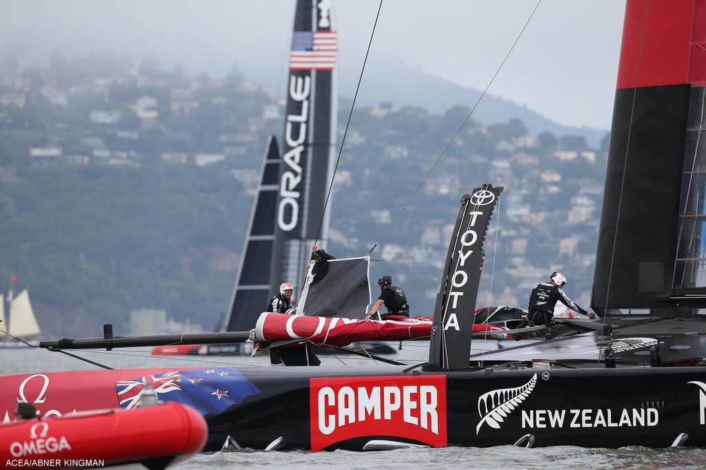 Oracle Team USA lurk behind Emirates Team NZ - Louis Vuitton Cup - Race Day 10 - Emirates Team New Zealand vs Luna Rossa photo copyright ACEA / Photo Abner Kingman http://photo.americascup.com taken at  and featuring the  class