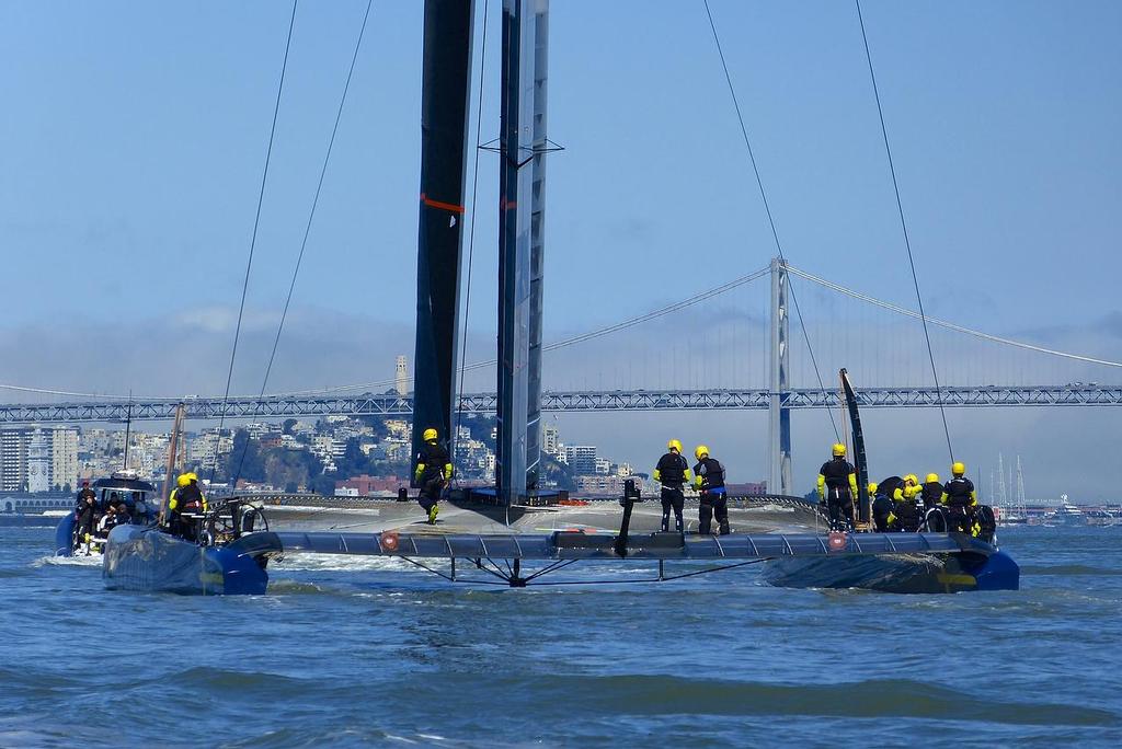 Tow out - Artemis Racing - Blue Boat - First Sail, July 24, 2013 photo copyright John Navas  taken at  and featuring the  class