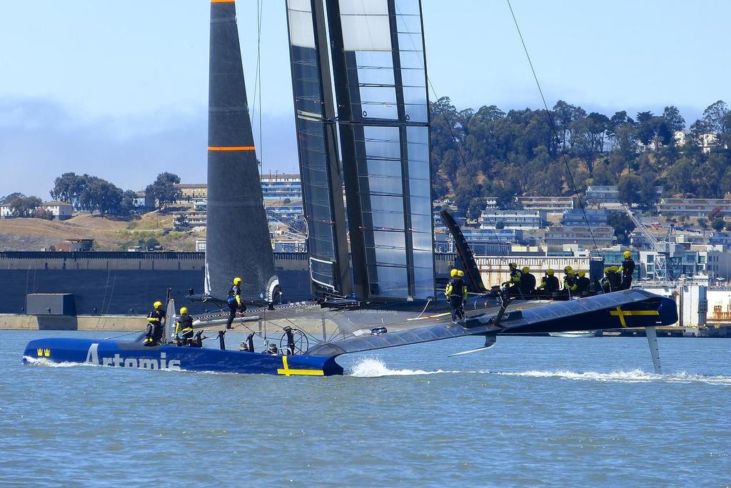 First hull flying - Artemis Racing - Blue Boat - First Sail, July 24, 2013 photo copyright John Navas  taken at  and featuring the  class