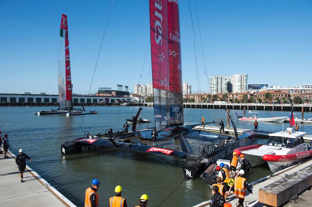 Emirates Team New Zealand and Lunna Rossa AC72s are launched for their first race of the Louis Vuitton Cup 2013. 13/7/2013 © Chris Cameron/ETNZ http://www.chriscameron.co.nz