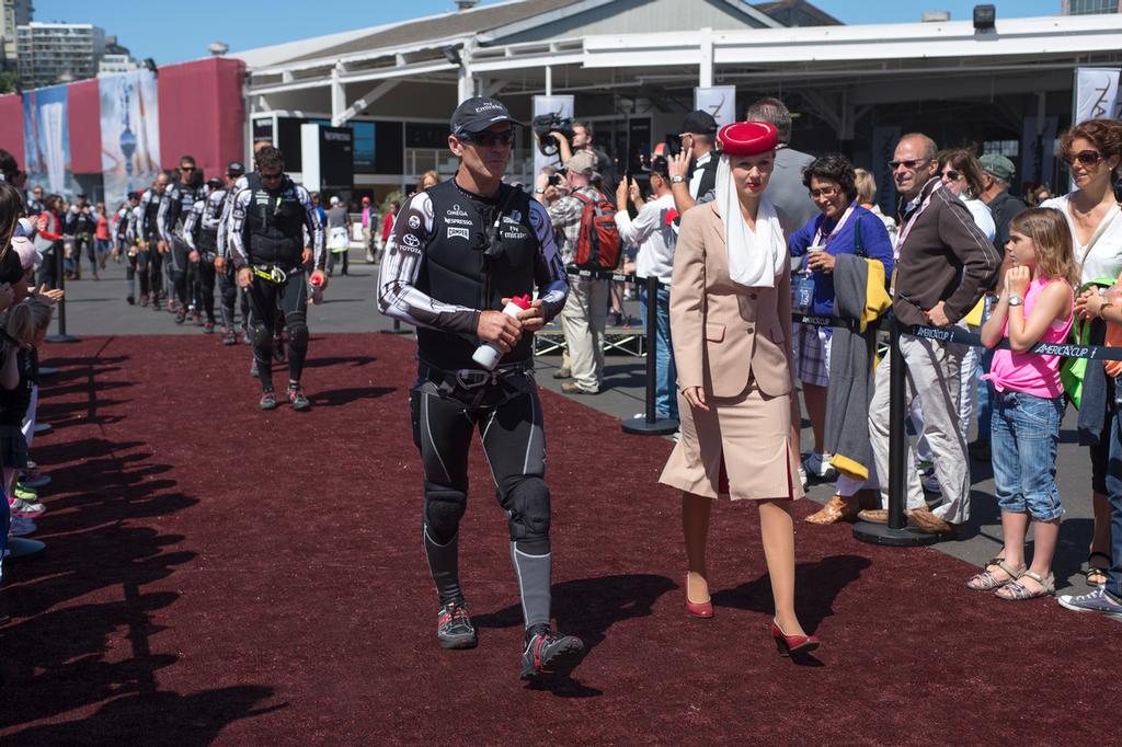 Emirates Team New Zealand MD Grant Dalton walks to the stage at the America's Cup park before their first real match of the Louis Vuitton Cup 2013 against and Lunna Rossa. 13/7/2013 photo copyright Chris Cameron/ETNZ http://www.chriscameron.co.nz taken at  and featuring the  class