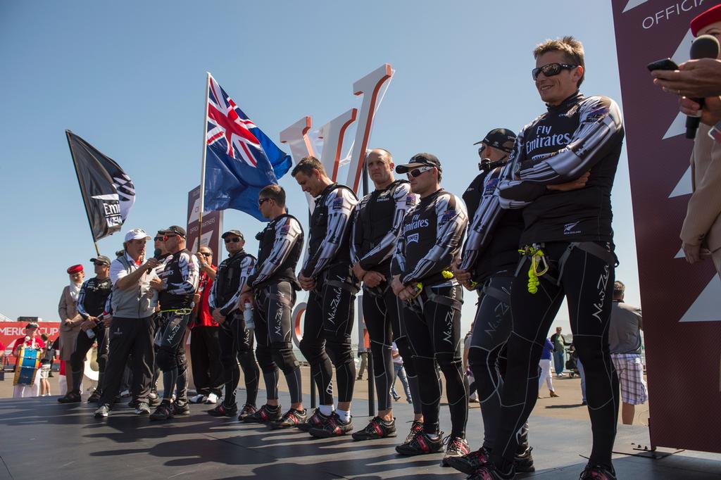 Emirates Team New Zealand on stage at the America's Cup park before their first real match of the Louis Vuitton Cup 2013 against and Lunna Rossa. 13/7/2013 photo copyright Chris Cameron/ETNZ http://www.chriscameron.co.nz taken at  and featuring the  class