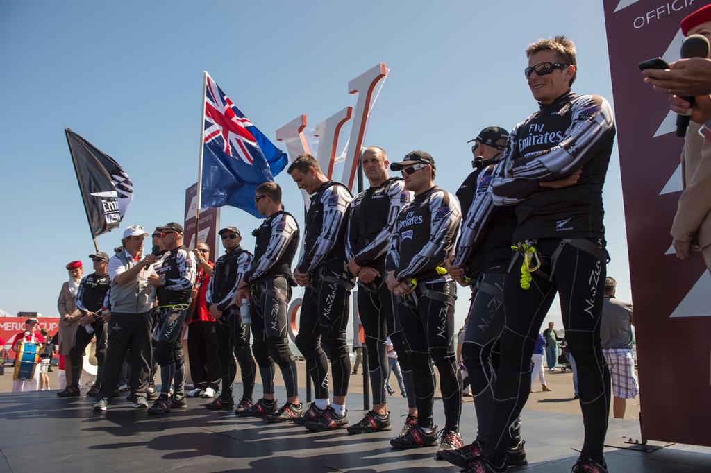 Emirates Team New Zealand on stage at the America’s Cup park before their first real match of the Louis Vuitton Cup 2013 against and Lunna Rossa. 13/7/2013 © Chris Cameron/ETNZ http://www.chriscameron.co.nz