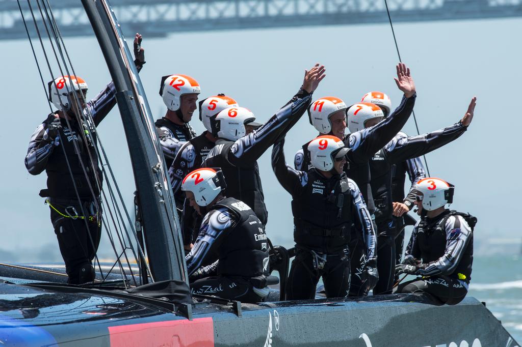 Emirates Team New Zealand wave to the crowds at the AC village after winning their round robin two match against Lunna Rossa. Vuitton Cup 2013. photo copyright Chris Cameron/ETNZ http://www.chriscameron.co.nz taken at  and featuring the  class