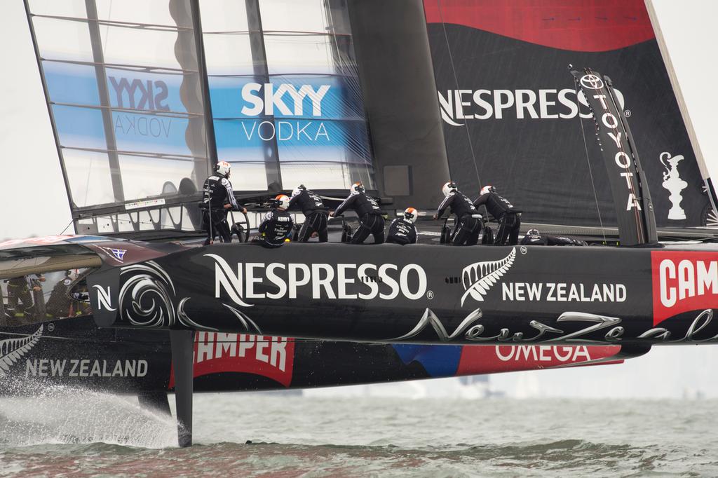 Emirates Team New Zealand sail around the course alone in their round robin 2 match of the Louis Vuitton Cup against Artemis Racing. 14/7/2013 photo copyright Chris Cameron/ETNZ http://www.chriscameron.co.nz taken at  and featuring the  class