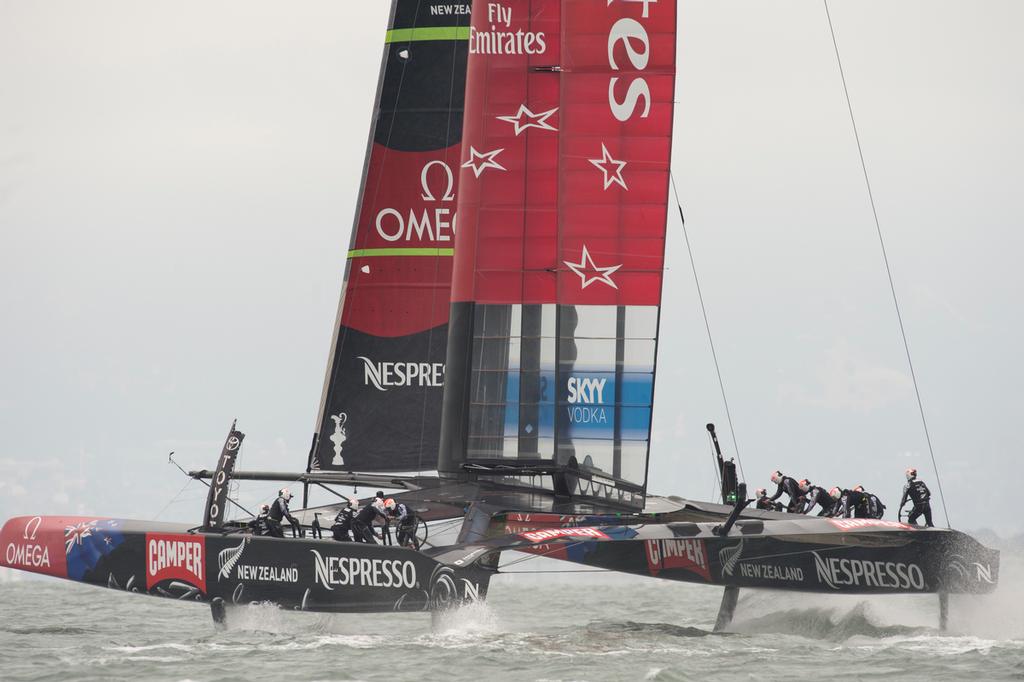 Emirates Team New Zealand sail around the course alone in their round robin 2 match of the Louis Vuitton Cup against Artemis Racing. 14/7/2013 photo copyright Chris Cameron/ETNZ http://www.chriscameron.co.nz taken at  and featuring the  class