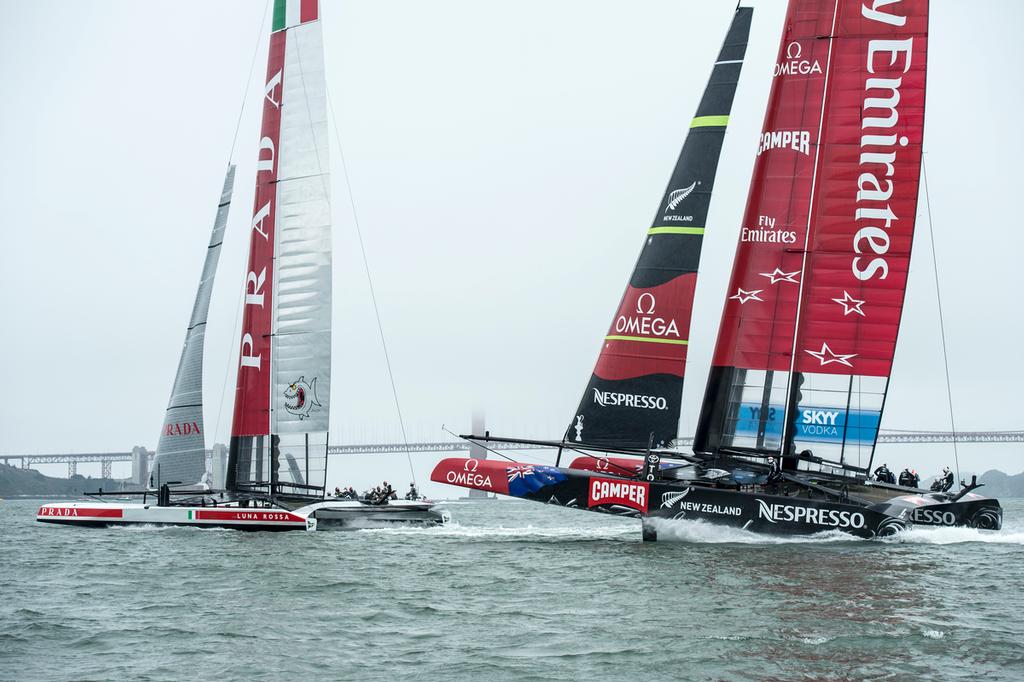 Emirates Team New Zealand AC72, NZL5 and Luna Rossa in pre-start for their Round Robin three match. Louis Vuitton Cup 2013. 21/7/2013 © Chris Cameron/ETNZ http://www.chriscameron.co.nz
