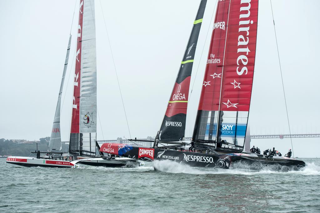 Emirates Team New Zealand AC72, NZL5 and Luna Rossa in pre-start for their Round Robin three match. Louis Vuitton Cup 2013. 21/7/2013 © Chris Cameron/ETNZ http://www.chriscameron.co.nz