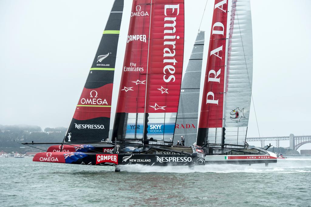 Emirates Team New Zealand AC72, NZL5 and Luna Rossa start their Round Robin three match. Louis Vuitton Cup 2013. 21/7/2013 photo copyright Chris Cameron/ETNZ http://www.chriscameron.co.nz taken at  and featuring the  class