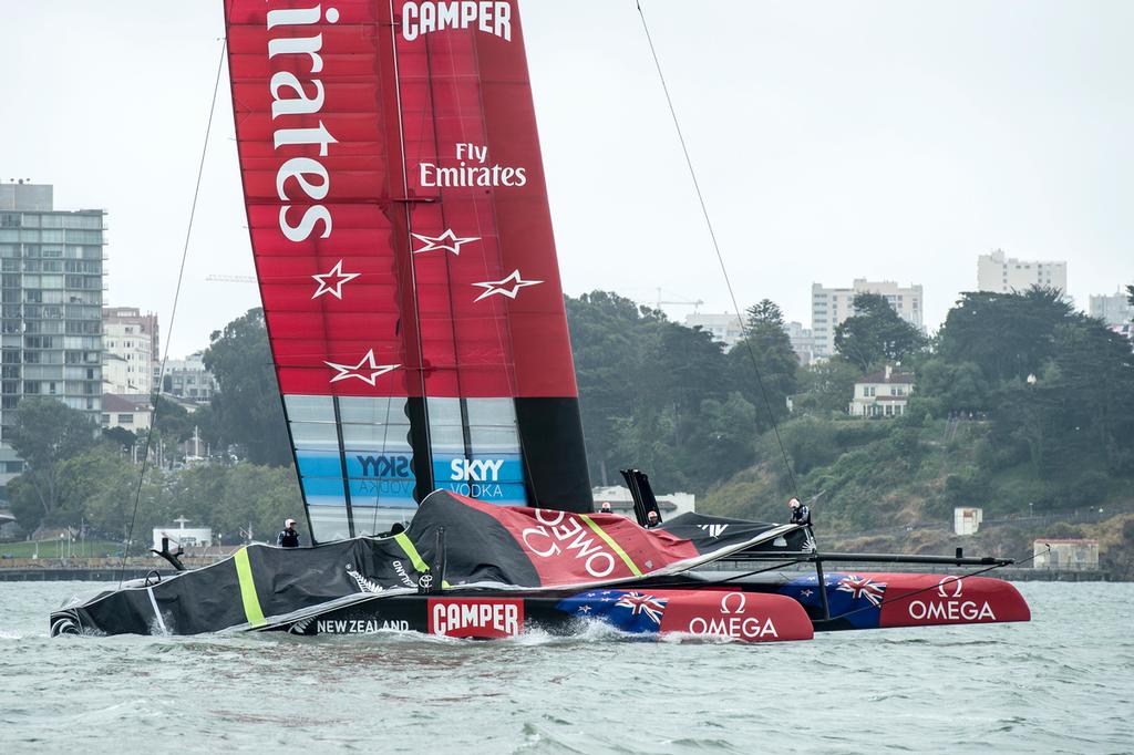 Emirates Team New Zealand AC72, NZL5 lose the jib on the first upwind leg of their Round Robin three match against Luna Rossa. Louis Vuitton Cup 2013. 21/7/2013 photo copyright Chris Cameron/ETNZ http://www.chriscameron.co.nz taken at  and featuring the  class