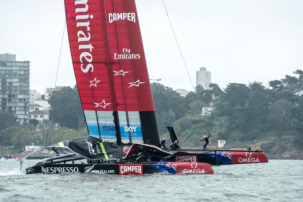 Emirates Team New Zealand AC72, NZL5 lose the jib on the first upwind leg of their Round Robin three match against Luna Rossa. Louis Vuitton Cup 2013. 21/7/2013 © Chris Cameron/ETNZ http://www.chriscameron.co.nz