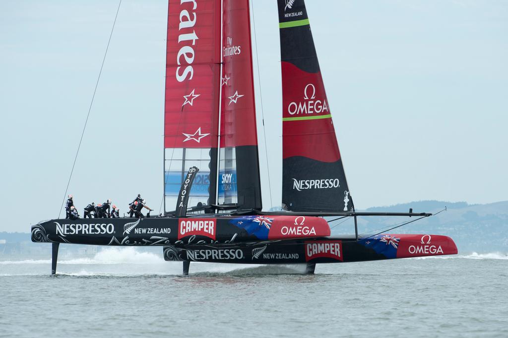 Emirates Team New Zealand NZL5 practicing before the Round Robin four match of the 2013 Louis Vuitton Cup against Luna Rossa. 23/7/2013 photo copyright Chris Cameron/ETNZ http://www.chriscameron.co.nz taken at  and featuring the  class
